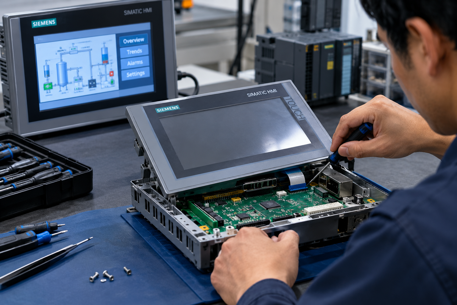 Engineer repairing a Siemens HMI operator panel at a workbench