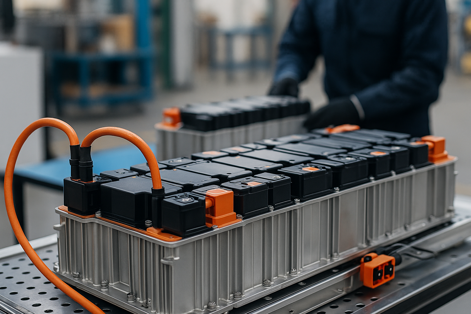 Rows of lithium battery modules in a production facility