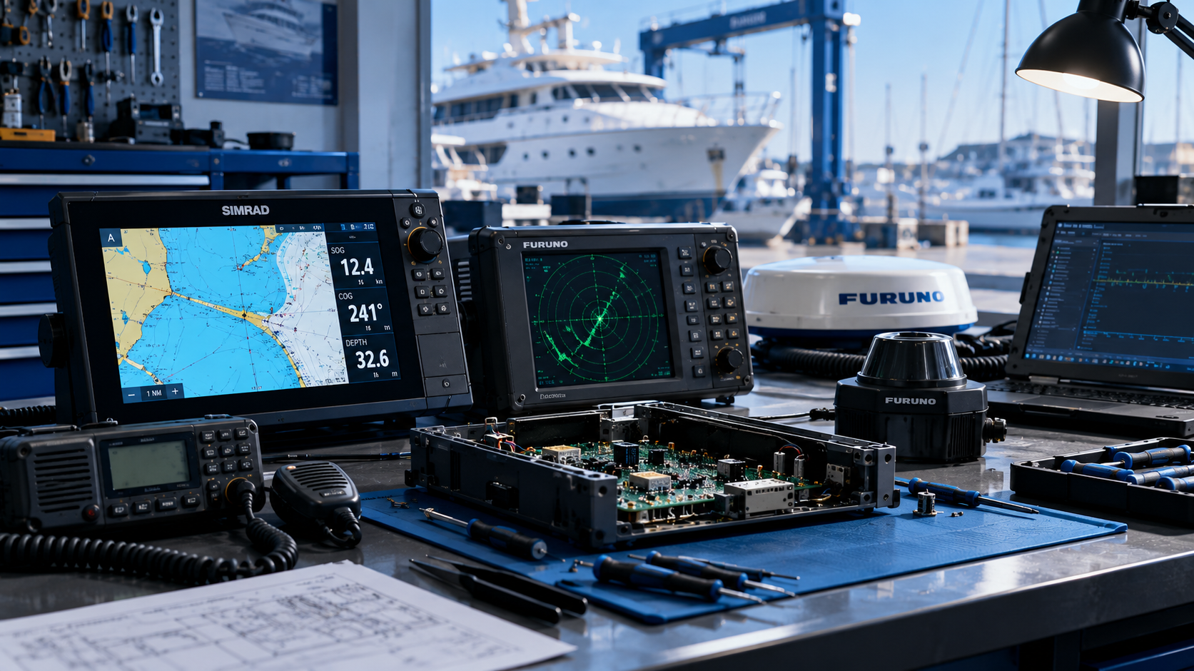 Marine chartplotter, radar display and circuit board on a repair bench