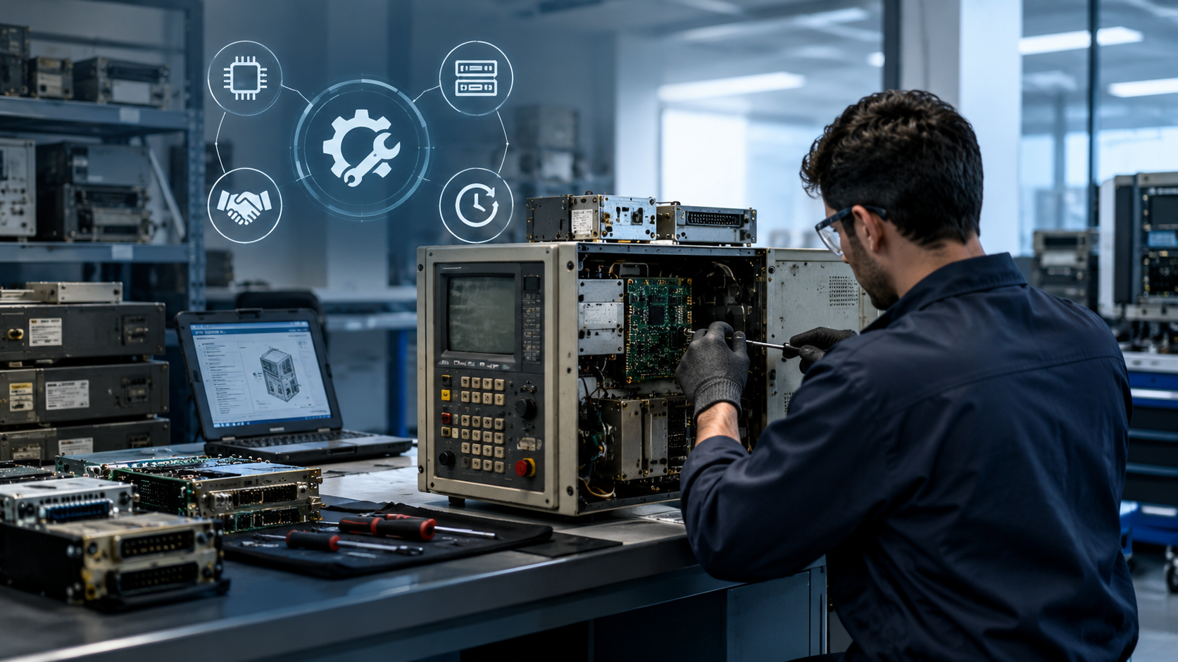 Engineer repairing an older industrial control unit at a workbench with legacy modules