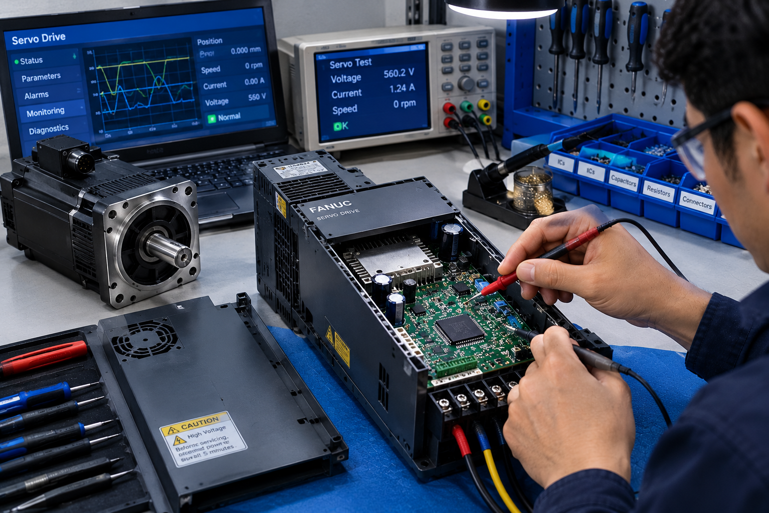 Engineer testing a servo drive on a repair bench with a servo motor and test equipment