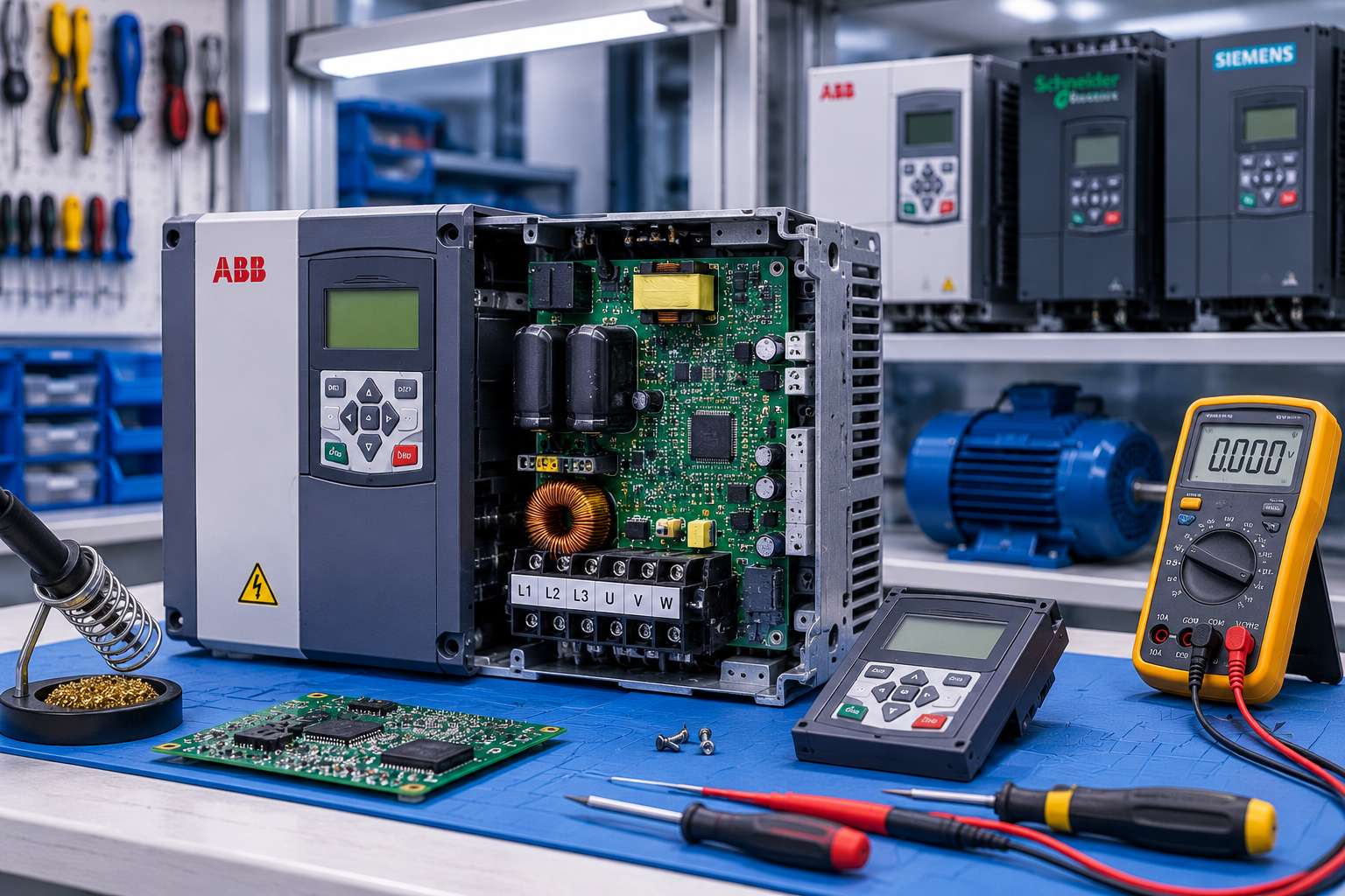 VFD drives opened on a repair bench with tools and a multimeter